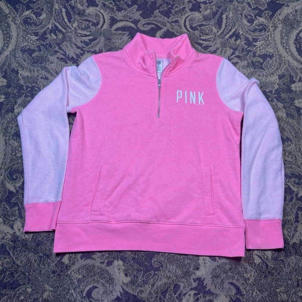 PINK Victorias Secret Light Pink Terrycloth 1/4 Zip Sweater Womens Size Medium - Picture 1 of 9